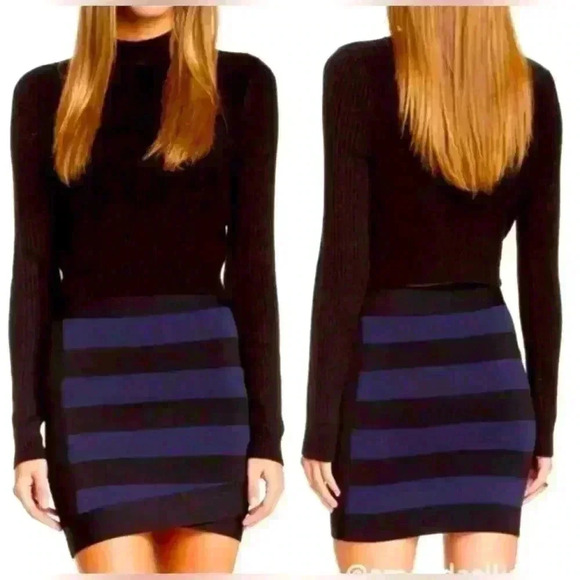 BCBGMaxazria Alina Bandage Striped Stretch Mini Skirt Size Small Black/Navy NWT - Picture 3 of 9